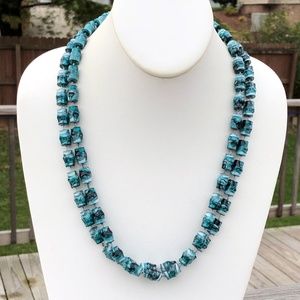 Vintage Fused Beaded Necklace Marbled Barrel Beads